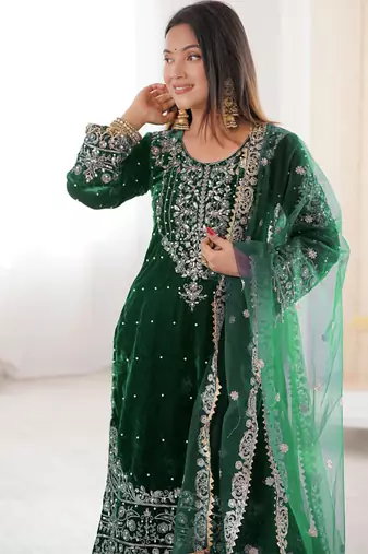 Green velvet sharara set with thread and sequence work
