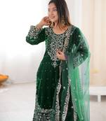 Green velvet sharara set with thread and sequence work