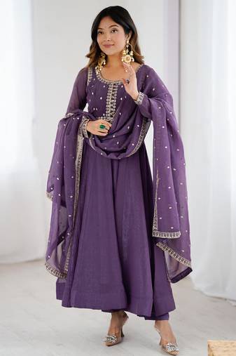 Purple anarkali set with intricate embroidery work