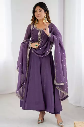 Purple anarkali set with intricate embroidery work