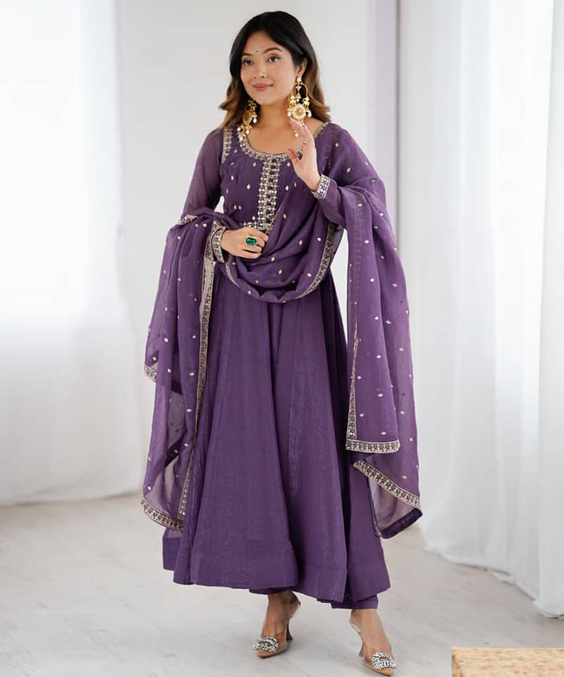 Purple anarkali set with intricate embroidery work