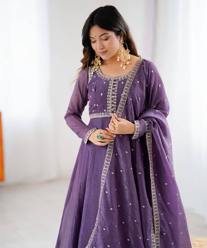 Purple anarkali set with intricate embroidery work