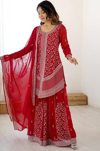 Red georgette sharara set with intricate embroidery work