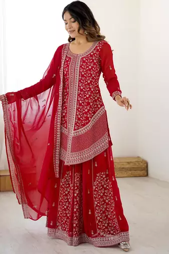 Red georgette sharara set with intricate embroidery work