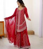 Red georgette sharara set with intricate embroidery work