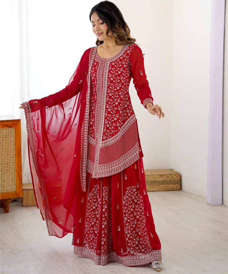 Red georgette sharara set with intricate embroidery work