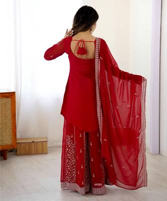 Red georgette sharara set with intricate embroidery work 2