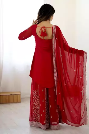 Red georgette sharara set with intricate embroidery work