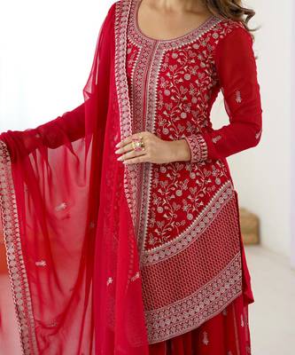 Red georgette sharara set with intricate embroidery work 3