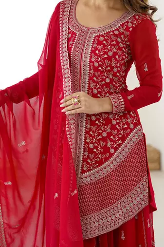 Red georgette sharara set with intricate embroidery work