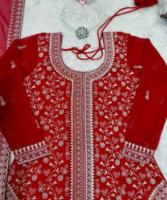 Red georgette sharara set with intricate embroidery work 4