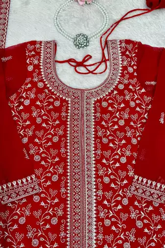 Red georgette sharara set with intricate embroidery work