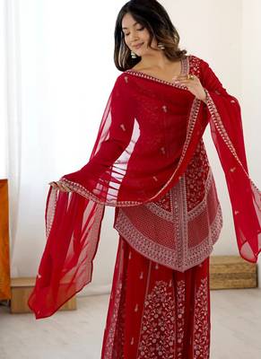 Red georgette sharara set with intricate embroidery work 5