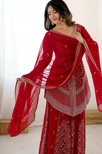Red georgette sharara set with intricate embroidery work