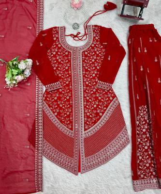 Red georgette sharara set with intricate embroidery work 6