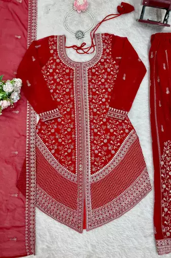 Red georgette sharara set with intricate embroidery work