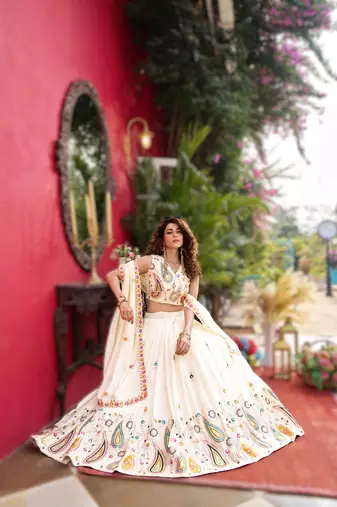 WHITE New Launch Wedding Collection Lehenga Choli Set | Pure Vichitra Fabric | Heavy Embroidery Work