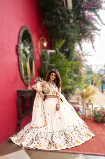 WHITE New Launch Wedding Collection Lehenga Choli Set | Pure Vichitra Fabric | Heavy Embroidery Work