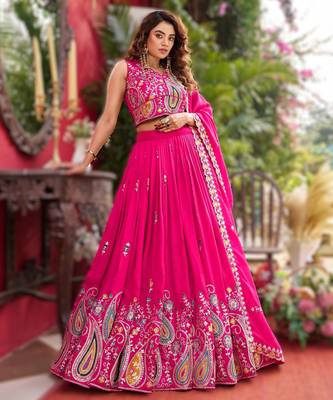 PINK New Launch Wedding Collection Lehenga Choli Set | Pure Vichitra Fabric | Heavy Embroidery Work 1