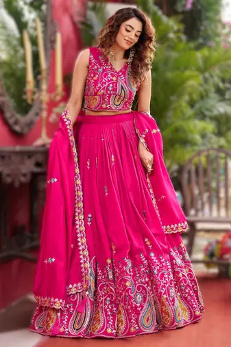 PINK New Launch Wedding Collection Lehenga Choli Set | Pure Vichitra Fabric | Heavy Embroidery Work