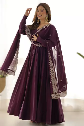 wine roman silk chanderi fully flared anarkali gown set with dupatta & pant 