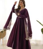wine roman silk chanderi fully flared anarkali gown set with dupatta & pant 