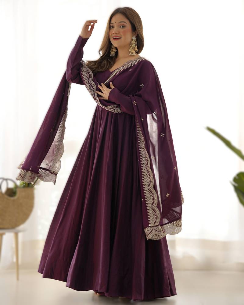 wine roman silk chanderi fully flared anarkali gown set with dupatta & pant 