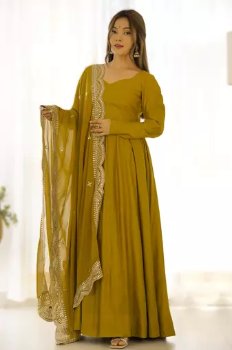 mustard roman silk chanderi fully flared anarkali gown set with dupatta & pant 