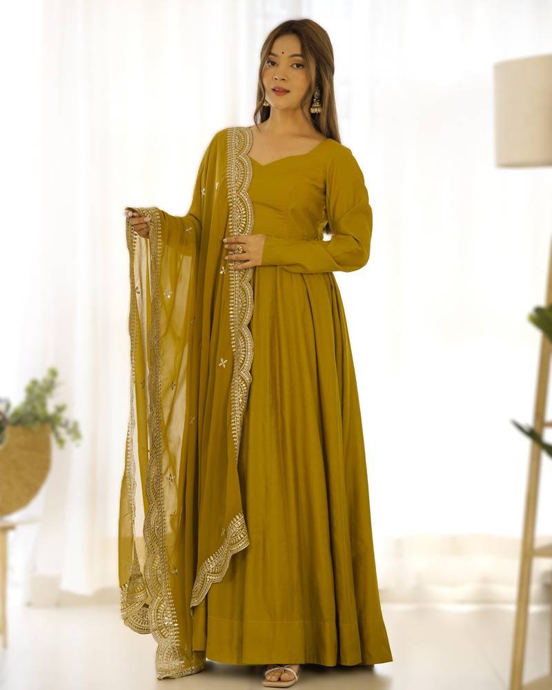 mustard roman silk chanderi fully flared anarkali gown set with dupatta & pant 