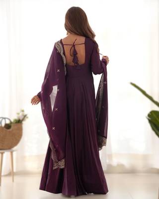 wine roman silk chanderi fully flared anarkali gown set with dupatta & pant  2