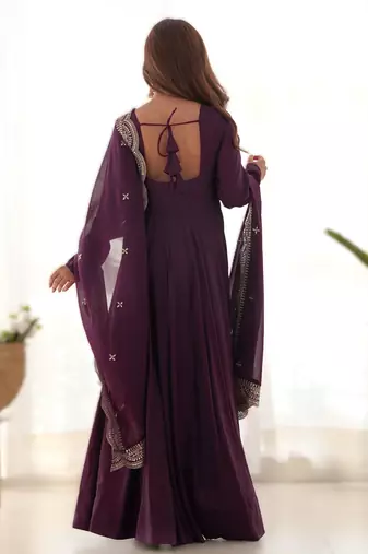wine roman silk chanderi fully flared anarkali gown set with dupatta & pant 