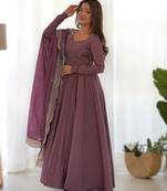 mauve roman silk chanderi fully flared anarkali gown set with dupatta & pant 