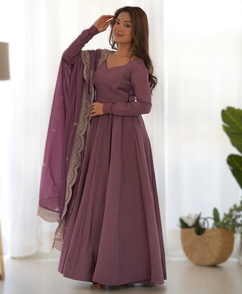 mauve roman silk chanderi fully flared anarkali gown set with dupatta & pant 