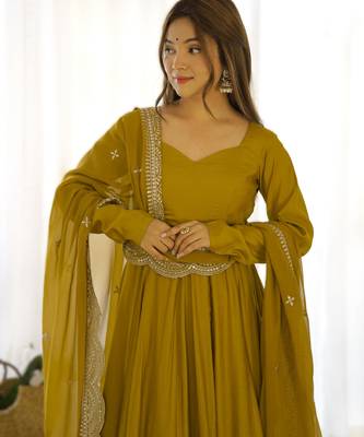 mustard roman silk chanderi fully flared anarkali gown set with dupatta & pant  2