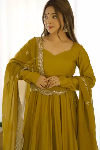 mustard roman silk chanderi fully flared anarkali gown set with dupatta & pant 