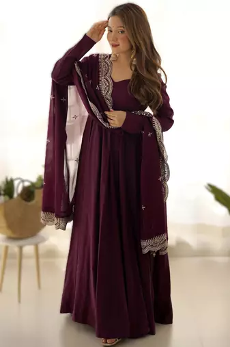 wine roman silk chanderi fully flared anarkali gown set with dupatta & pant 