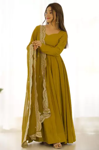 mustard roman silk chanderi fully flared anarkali gown set with dupatta & pant 