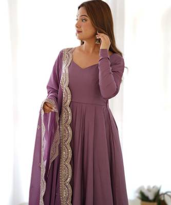 mauve roman silk chanderi fully flared anarkali gown set with dupatta & pant  3