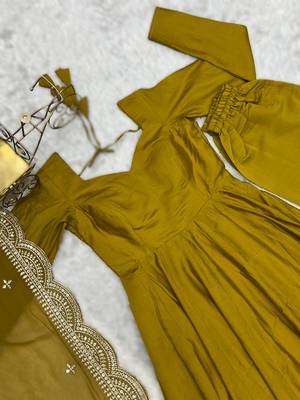 mustard roman silk chanderi fully flared anarkali gown set with dupatta & pant  4