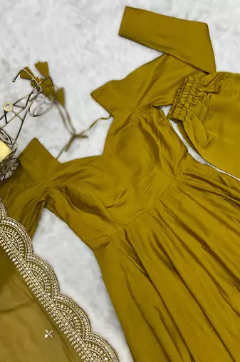 mustard roman silk chanderi fully flared anarkali gown set with dupatta & pant 