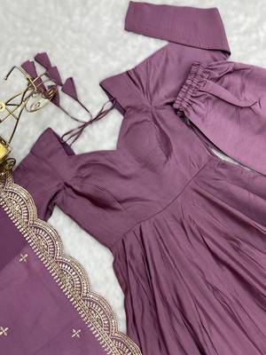 mauve roman silk chanderi fully flared anarkali gown set with dupatta & pant  4