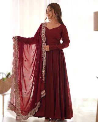 maroon roman silk chanderi fully flared anarkali gown set with dupatta & pant  1