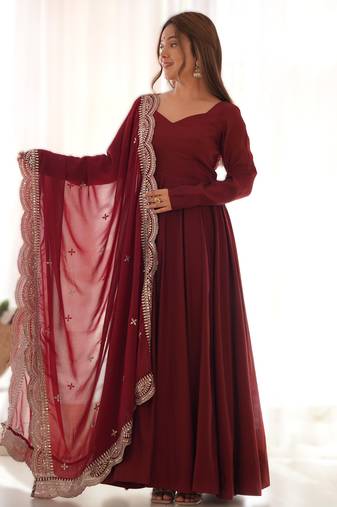 maroon roman silk chanderi fully flared anarkali gown set with dupatta & pant 