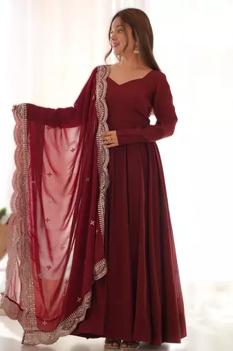 maroon roman silk chanderi fully flared anarkali gown set with dupatta & pant 