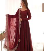maroon roman silk chanderi fully flared anarkali gown set with dupatta & pant 