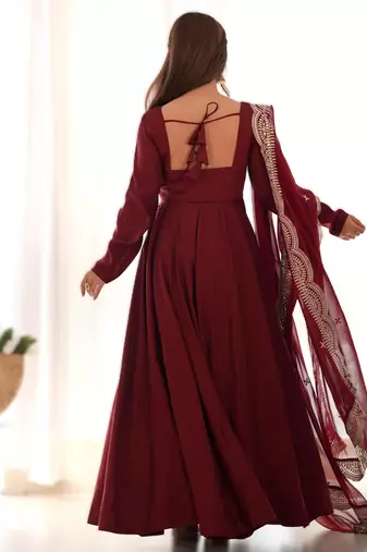 maroon roman silk chanderi fully flared anarkali gown set with dupatta & pant 