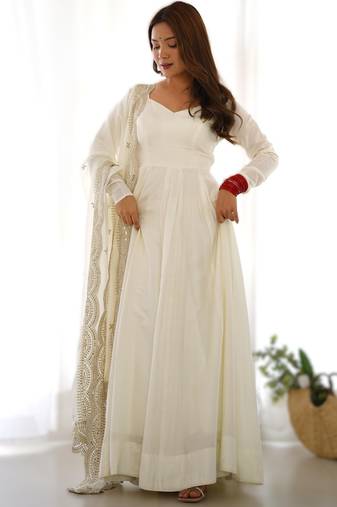 white roman silk chanderi fully flared anarkali gown set with dupatta & pant 
