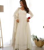 white roman silk chanderi fully flared anarkali gown set with dupatta & pant 