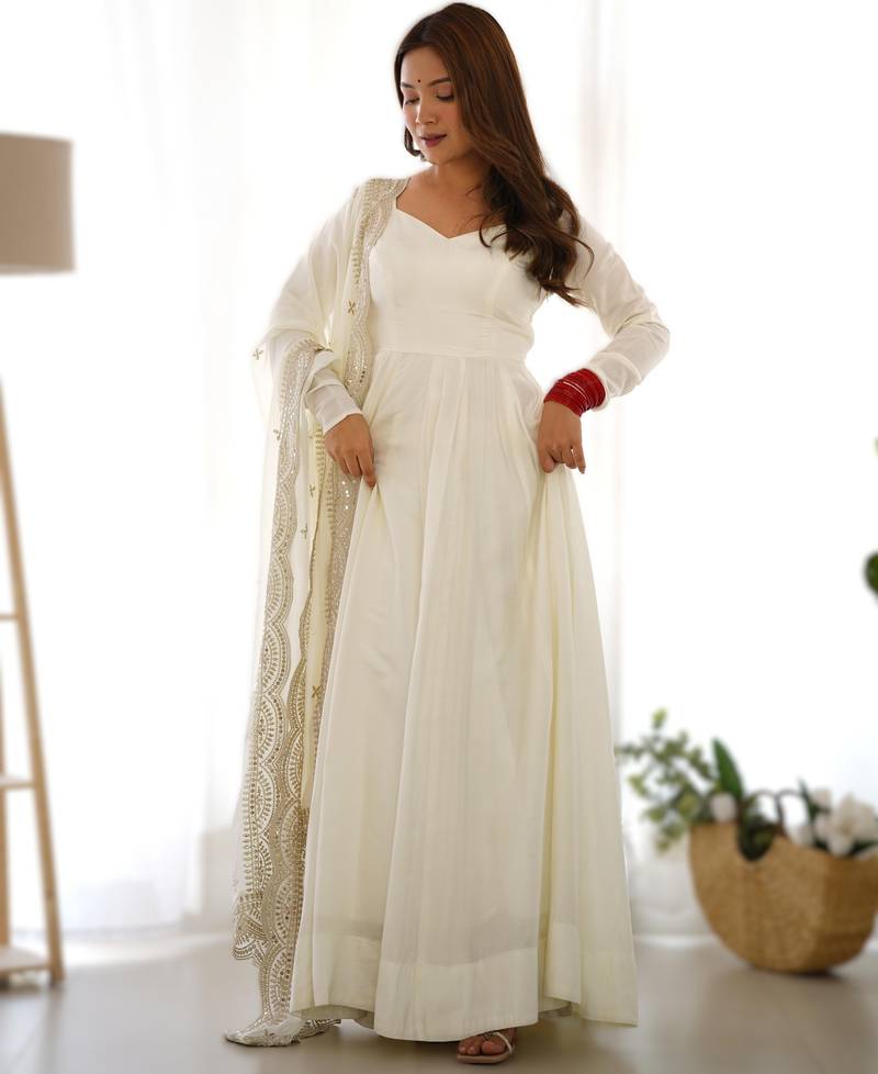 white roman silk chanderi fully flared anarkali gown set with dupatta & pant 
