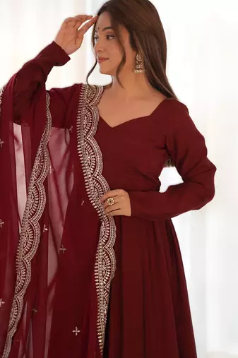 maroon roman silk chanderi fully flared anarkali gown set with dupatta & pant 